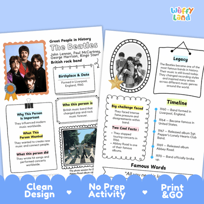 Educational activity sheet about The Beatles, featuring printed cards with photos, text boxes, timelines, and fact bubbles on a blue background with the text 'Clean Design', 'No Prep Activity', and 'Print & Go'.