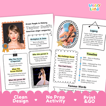 Taylor Swift Biography Research Project and Worksheets - Famous People in History