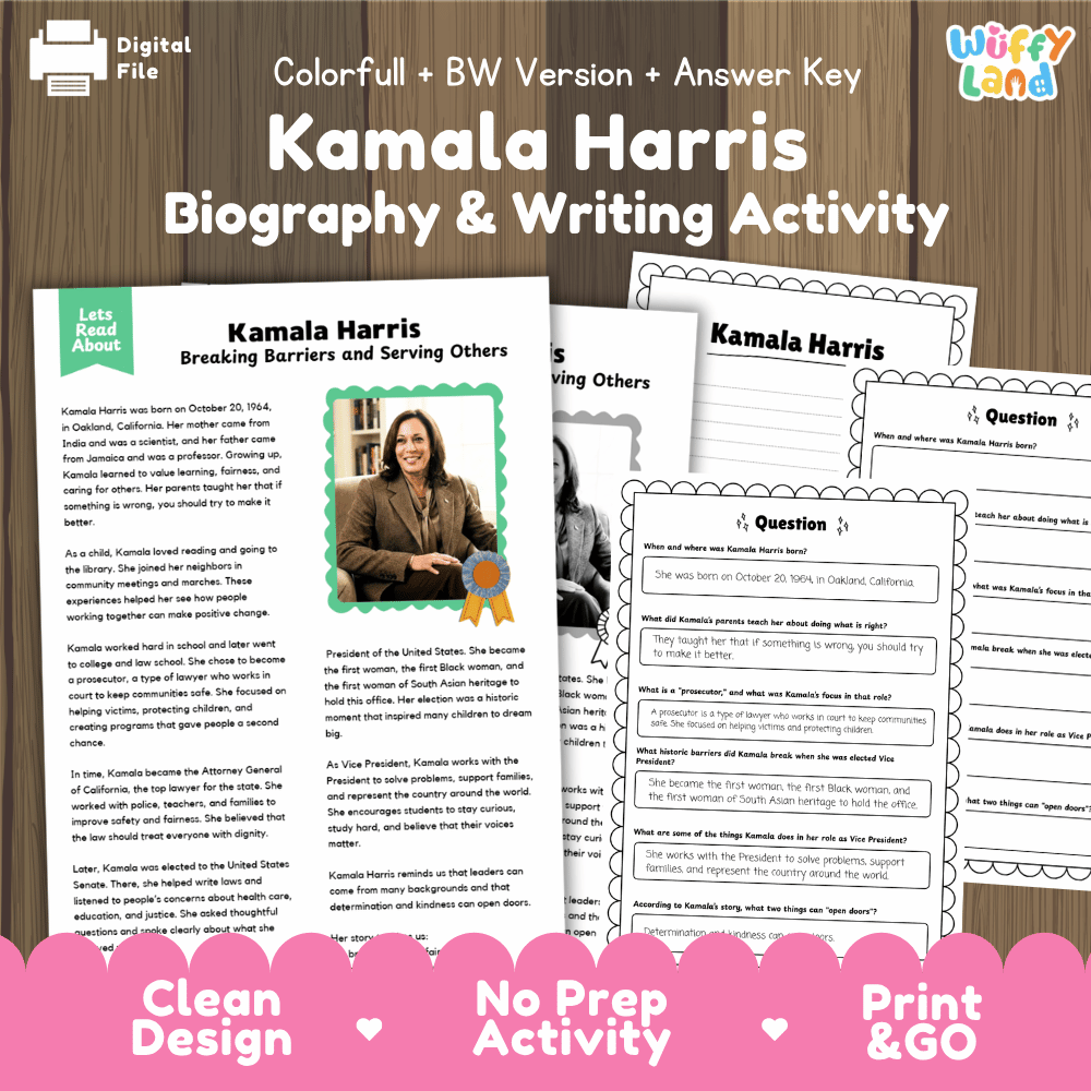 Kamala Harris Biography Reading Passage and Writing Activity Worksheets