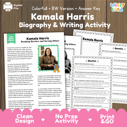 Kamala Harris Biography Reading Passage and Writing Activity Worksheets