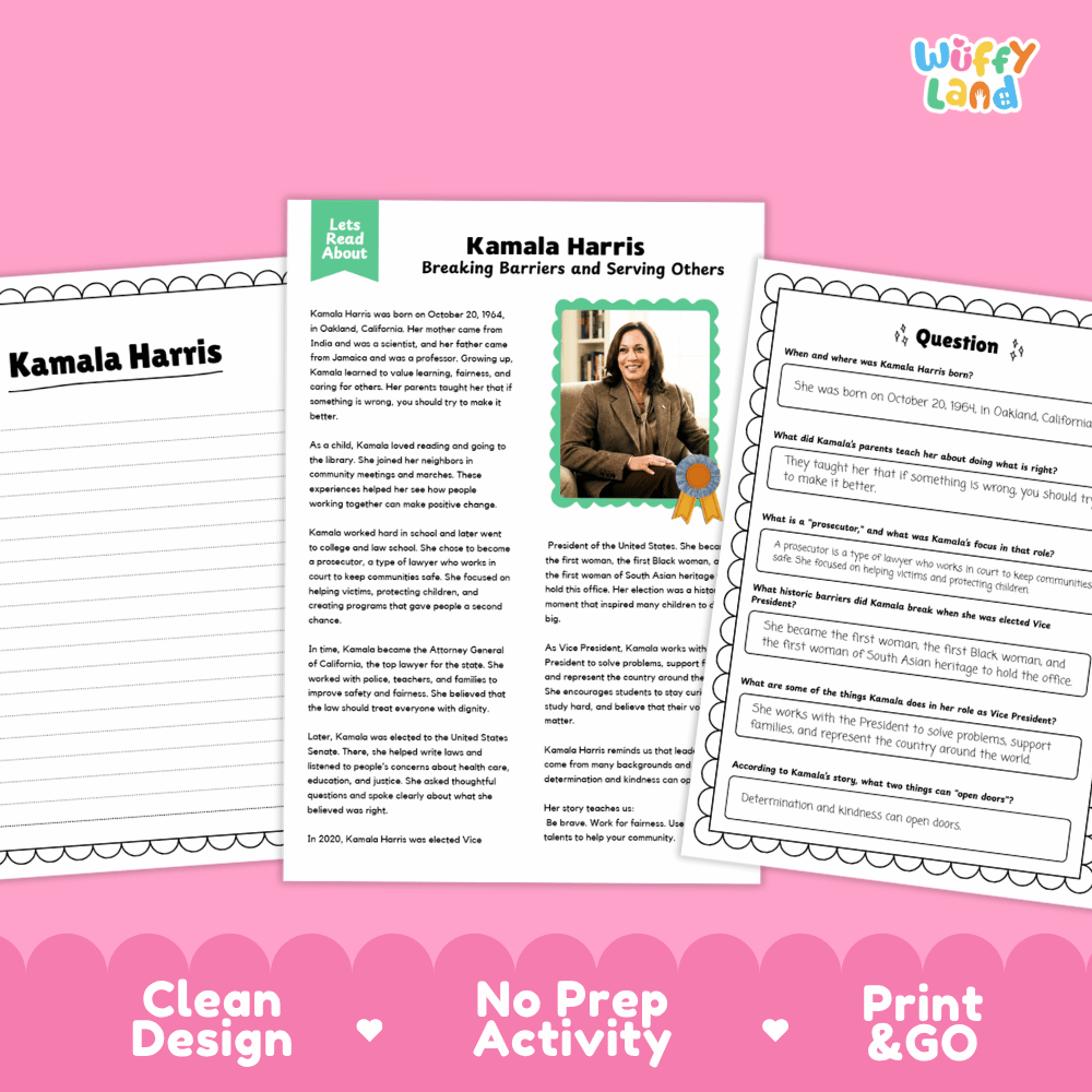 A printable educational activity sheet set titled 'Kamala Harris Breaking Barriers and Serving Others' with two sample worksheet pages displayed on a pink background with 'Wiffly Land' branding.