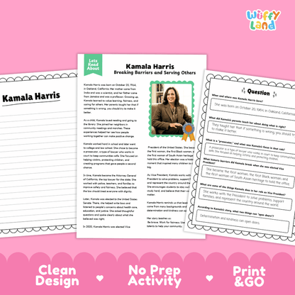 A printable educational activity sheet set titled 'Kamala Harris Breaking Barriers and Serving Others' with two sample worksheet pages displayed on a pink background with 'Wiffly Land' branding.