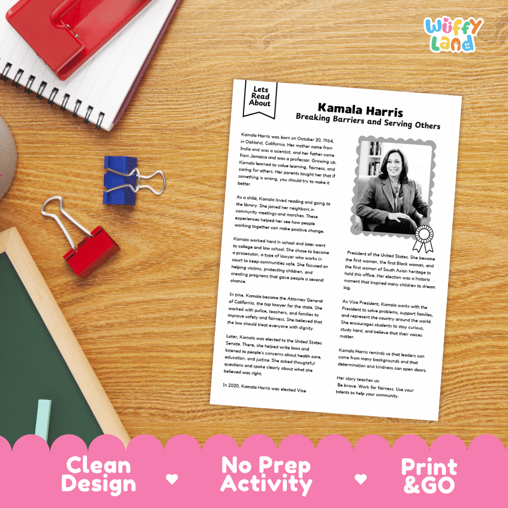 A printed educational worksheet about Kamala Harris is shown on a wooden desk with notebooks, clips, and a pink promotional banner at the bottom. The sheet has the title 'Kamala Harris Breaking Barriers and Serving Others' and a small portrait photo of Kamala Harris.