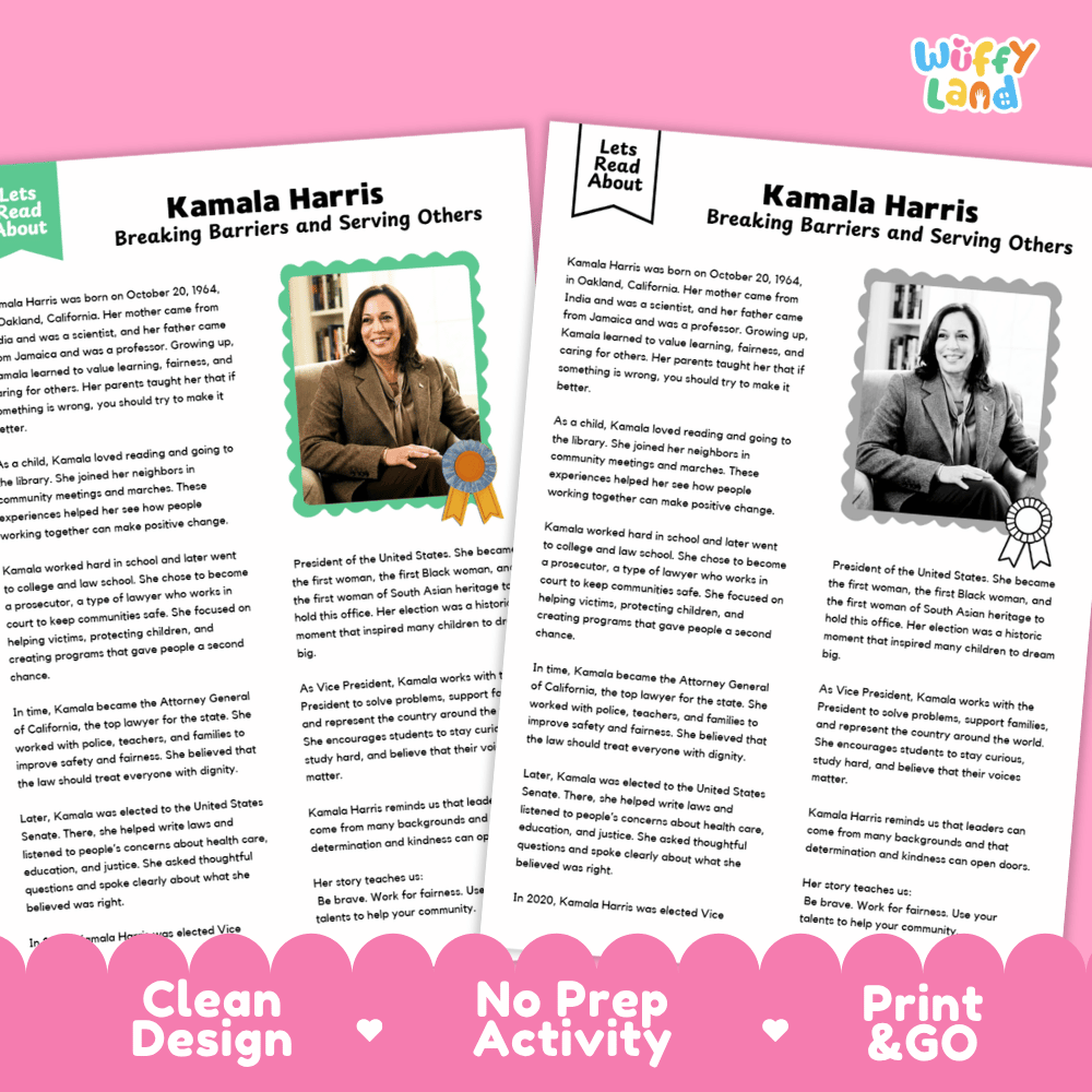 Two printed activity sheets for a Kamala Harris themed educational activity, featuring photos, text, and pink headers and footers. The sheets are shown against a white background with a pink banner at the bottom reading 'Clean Design', 'No Prep Activity', and 'Print & GO'.