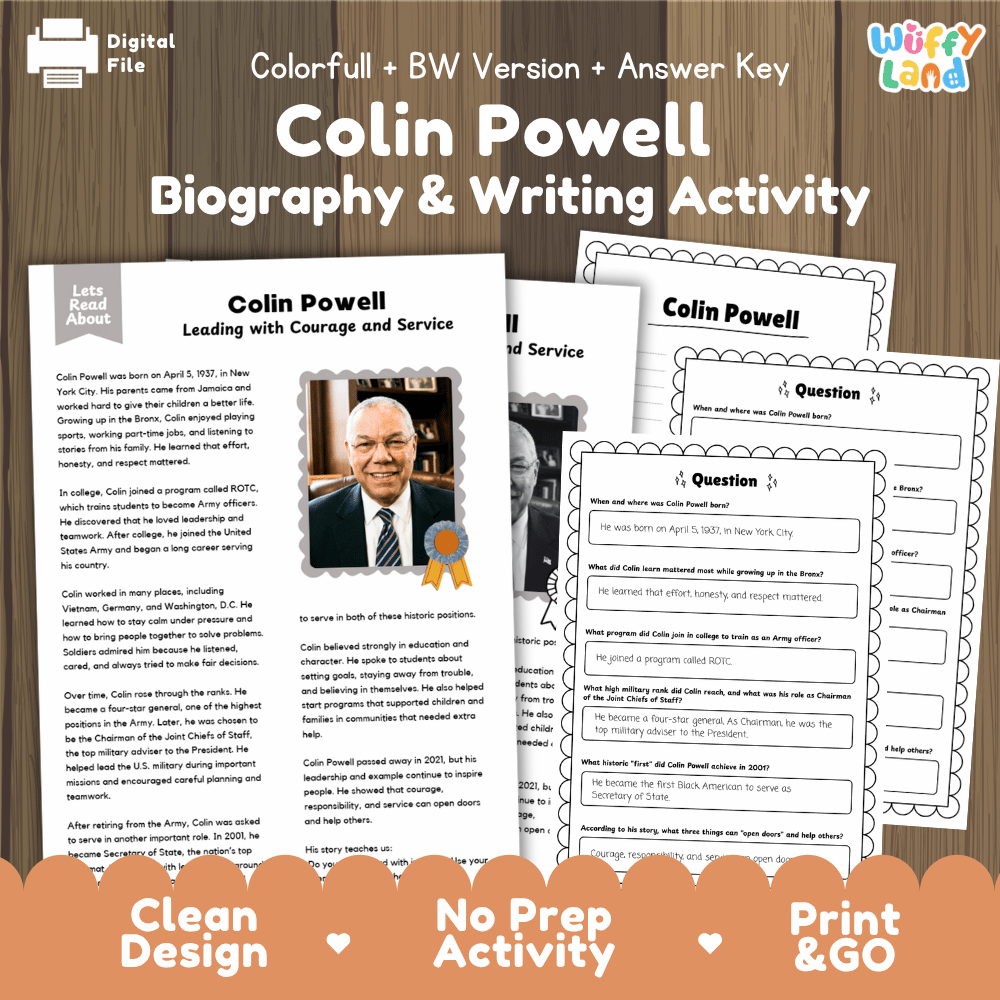 Colin Powell Biography Reading Passage and Writing Activity Worksheets