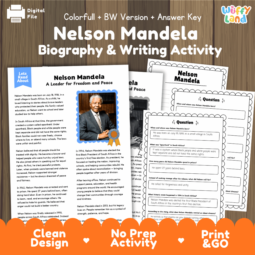 Nelson Mandela Biography Reading Passage and Writing Activity Worksheets