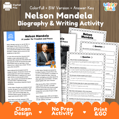 Nelson Mandela Biography Reading Passage and Writing Activity Worksheets