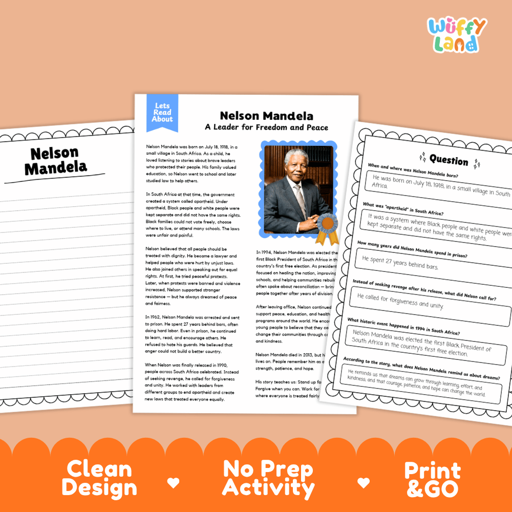 Nelson Mandela Biography Reading Passage and Writing Activity Worksheets