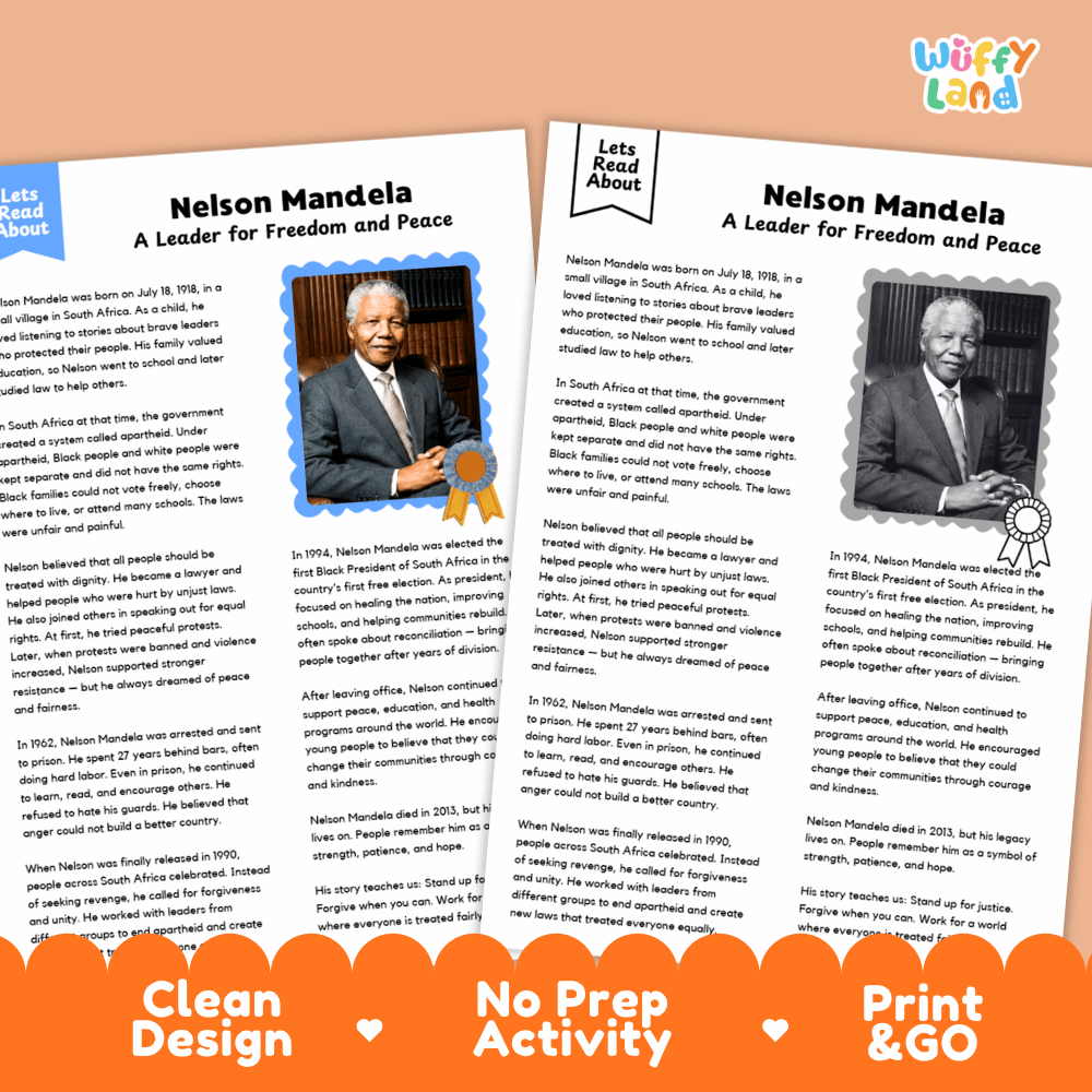 Nelson Mandela Biography Reading Passage and Writing Activity Worksheets
