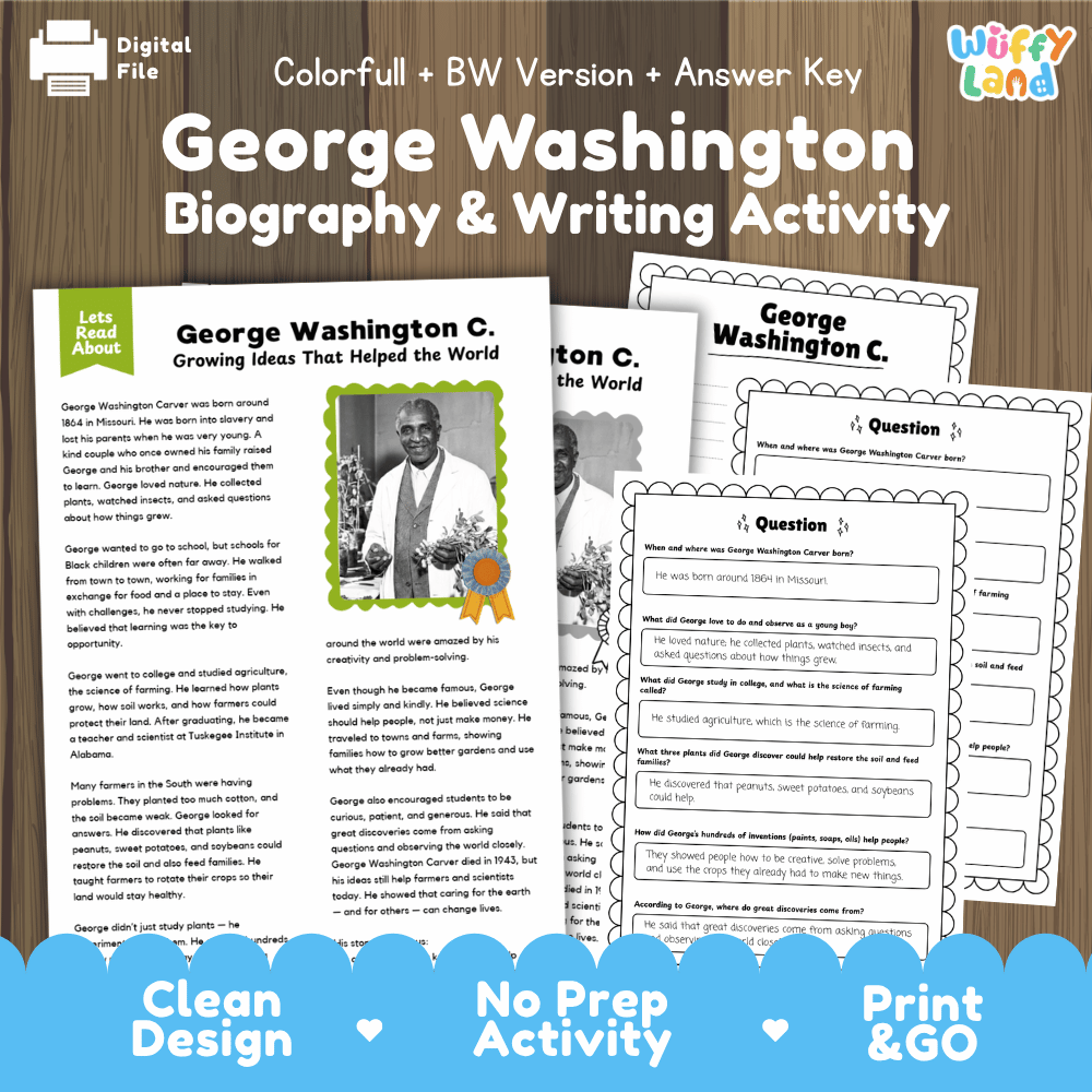George Washington Carver Biography Reading Passage and Writing Activity Worksheets