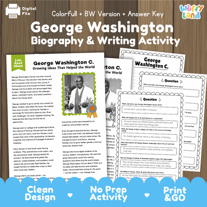 George Washington Carver Biography Reading Passage and Writing Activity Worksheets