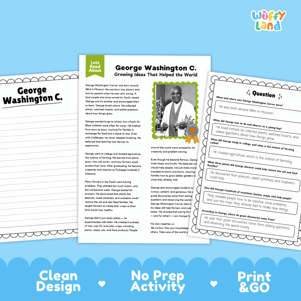 George Washington Carver Biography Reading Passage and Writing Activity Worksheets