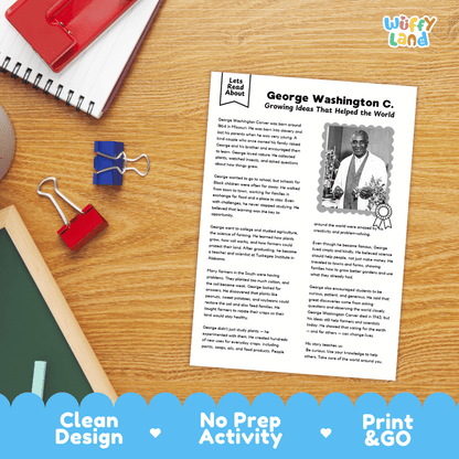 A printed educational activity sheet titled 'George Washington C. Growing Ideas That Helped the World' shown on a wooden desk with notebooks, clips, and pencils.
