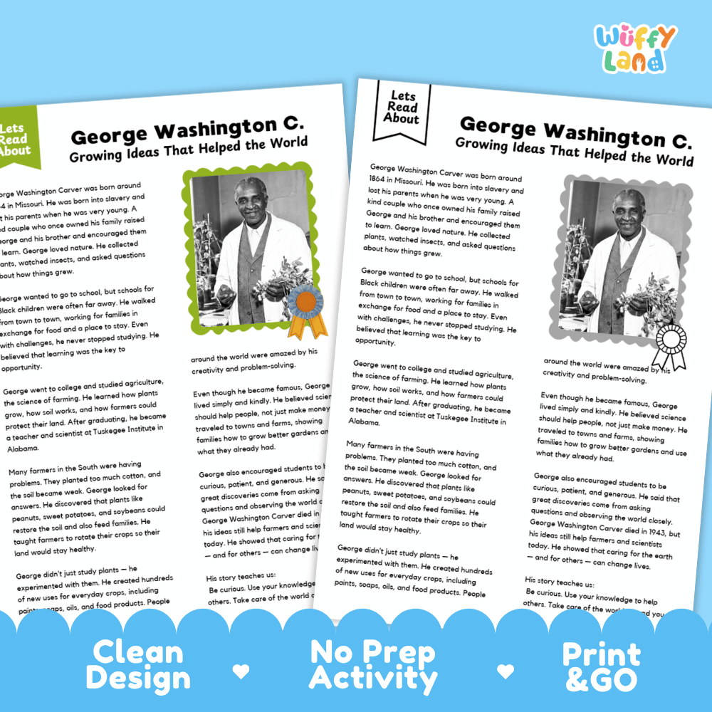Two printable educational activity sheets about George Washington C., featuring text, small portrait photos, and decorative badges, with the Wuffly Land logo in the top right corner.