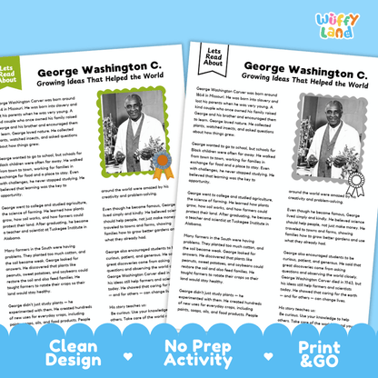 Two printable educational activity sheets about George Washington C., featuring text, small portrait photos, and decorative badges, with the Wuffly Land logo in the top right corner.