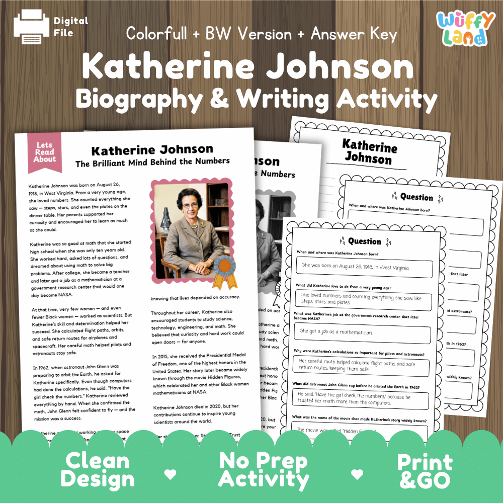 Katherine Johnson Biography Reading Passage and Writing Activity Worksheets