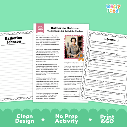 Two printable educational worksheets about Katherine Johnson displayed on a mint green background with decorative text reading 'Clean Design', 'No Prep Activity', and 'Print & GO'. The worksheets feature a portrait photo and text sections with comprehension questions.