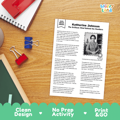 A printed educational worksheet about Katherine Johnson laid on a wooden desk with notebooks, clips, and a red notebook nearby. The sheet has the title 'Katherine Johnson: The Brilliant Mind Behind the Numbers,' a small portrait photo, and blocks of text.