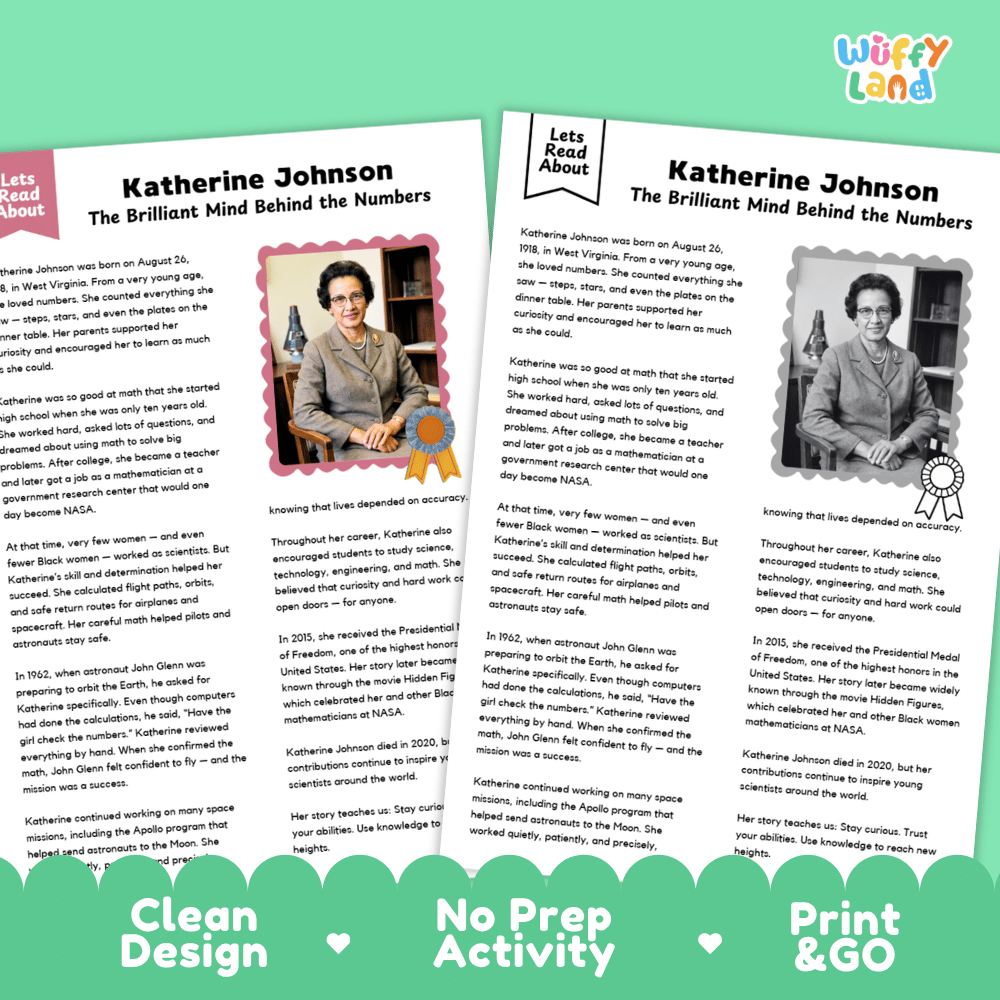 Two educational reading activity sheets about Katherine Johnson from Wuffy Land, featuring her biography, photos, and a green banner at the bottom that reads 'Clean Design', 'No Prep Activity', and 'Print & GO'.