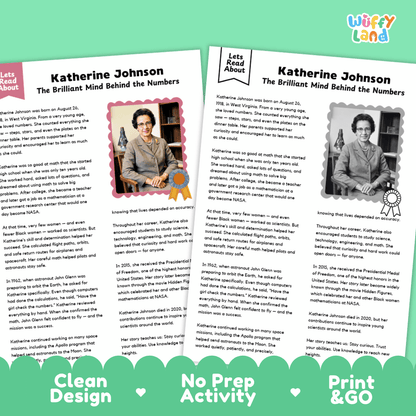 Two educational reading activity sheets about Katherine Johnson from Wuffy Land, featuring her biography, photos, and a green banner at the bottom that reads 'Clean Design', 'No Prep Activity', and 'Print & GO'.