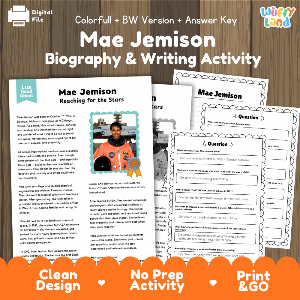 Digital printable activity sheet set for Mae Jemison Biography & Writing, shown on a wood background with the title text, preview pages, and promotional badges 'Digital File,' 'Colorful! + BW Version + Answer Key,' 'Clean Design,' 'No Prep Activity,' and 'Print & GO.'.