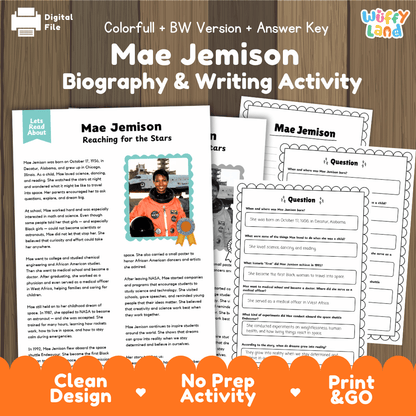 Digital printable activity sheet set for Mae Jemison Biography & Writing, shown on a wood background with the title text, preview pages, and promotional badges 'Digital File,' 'Colorful! + BW Version + Answer Key,' 'Clean Design,' 'No Prep Activity,' and 'Print & GO.'.