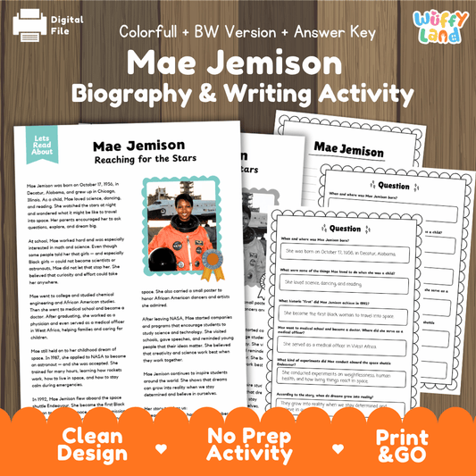 Digital printable activity sheet set for Mae Jemison Biography & Writing, shown on a wood background with the title text, preview pages, and promotional badges 'Digital File,' 'Colorful! + BW Version + Answer Key,' 'Clean Design,' 'No Prep Activity,' and 'Print & GO.'.