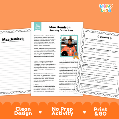 Three printable worksheet pages for a Mae Jemison educational activity, displayed on an orange background with decorative text reading 'Clean Design', 'No Prep Activity', and 'Print & GO'. The pages include a main text page, a side title page, and a question sheet with a small portrait photo of Mae Jemison.