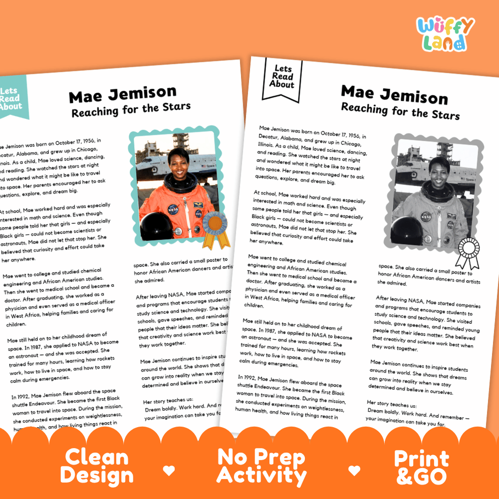 Two educational activity sheets about Mae Jemison titled 'Reaching for the Stars' on an orange and white background with 'Wiffly Land' branding. The sheets include text, photos of rockets and a model rocket, and award graphics, with orange banners at the bottom reading 'Clean Design', 'No Prep Activity', and 'Print & GO'.