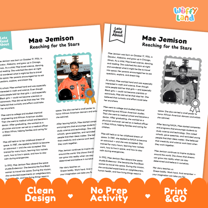 Two educational activity sheets about Mae Jemison titled 'Reaching for the Stars' on an orange and white background with 'Wiffly Land' branding. The sheets include text, photos of rockets and a model rocket, and award graphics, with orange banners at the bottom reading 'Clean Design', 'No Prep Activity', and 'Print & GO'.