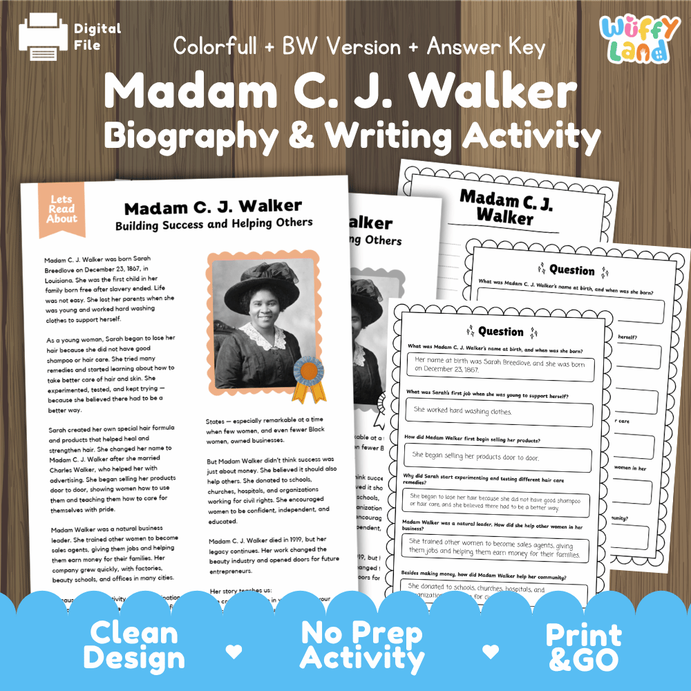 Digital printable activity sheet set for 'Madam C. J.