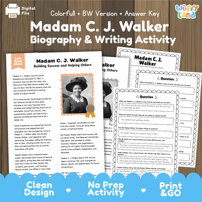 Digital printable activity sheet set for 'Madam C. J.