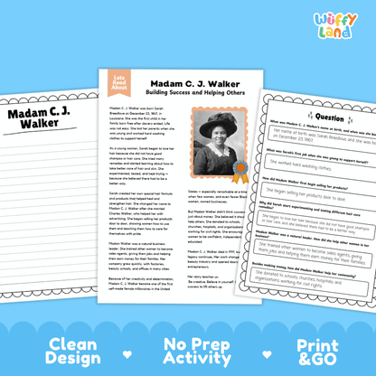 Madam C. J. Walker Biography Reading Passage and Writing Activity Worksheets
