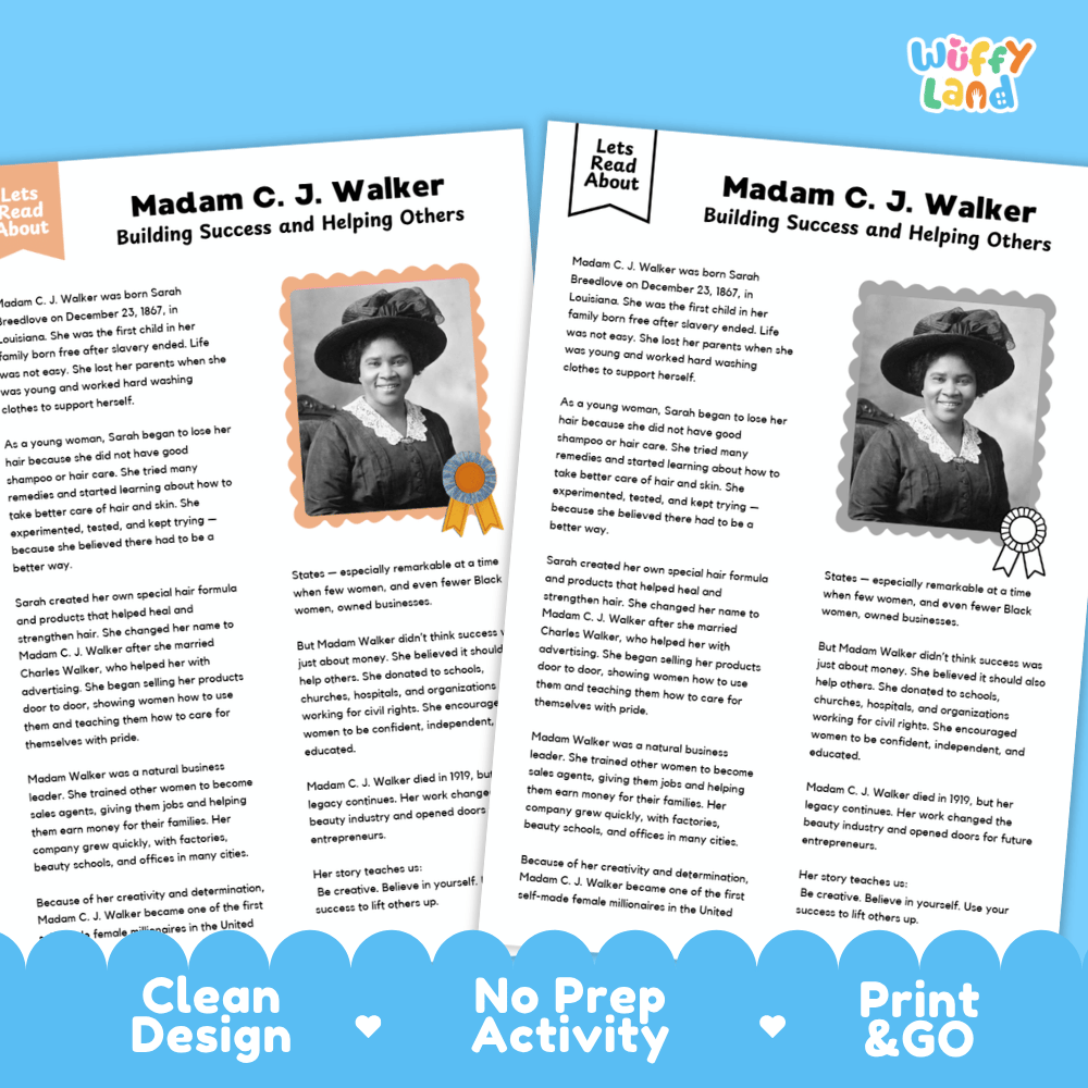 Two printable educational activity sheets about Madam C. J.