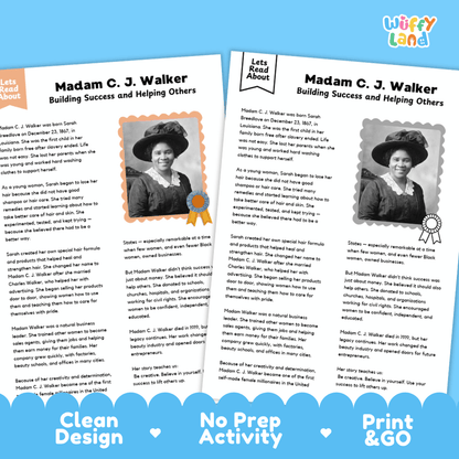 Two printable educational activity sheets about Madam C. J.