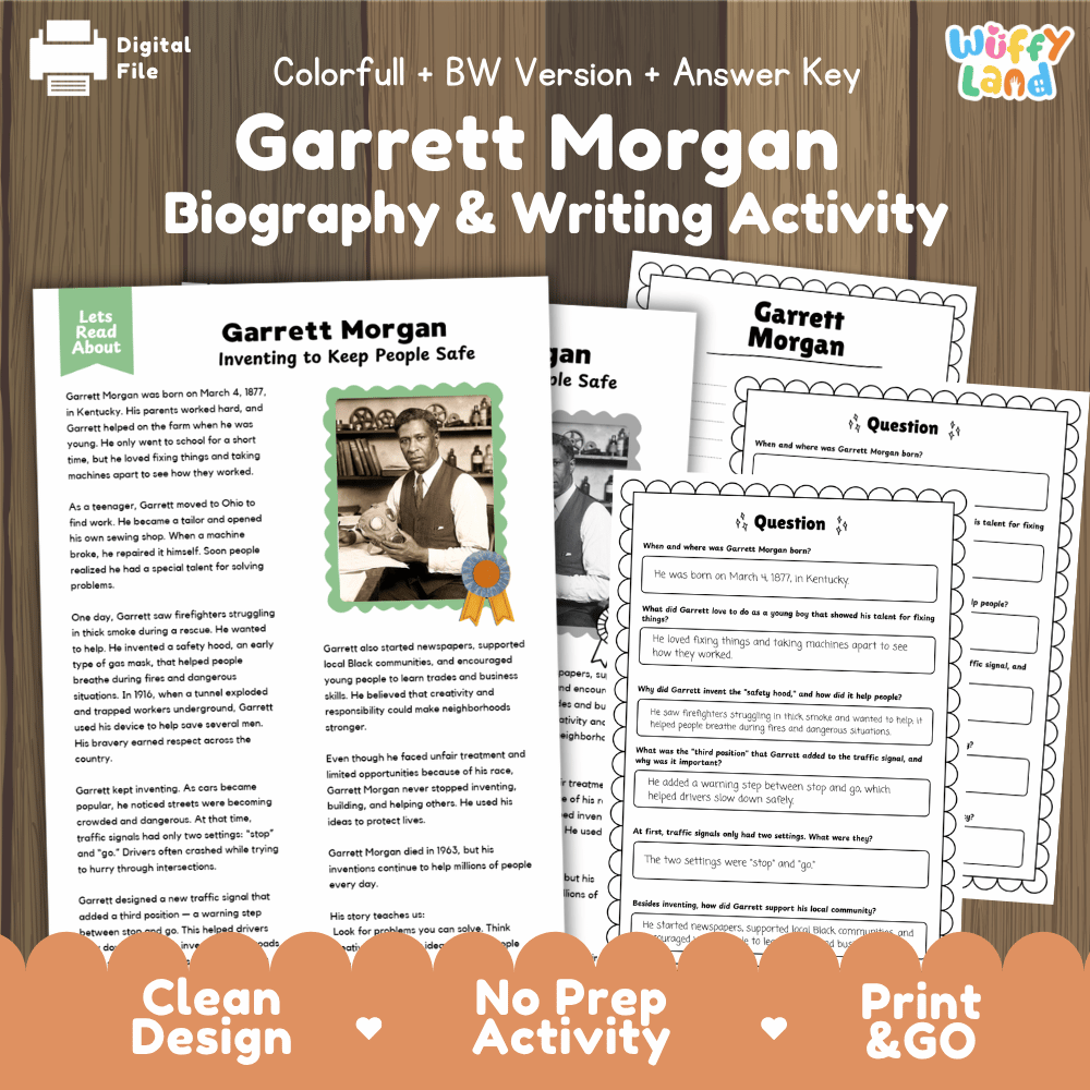 Digital printable activity sheet set for a Garrett Morgan Biography & Writing Activity, shown on a wood background with the title text above and sample worksheet pages overlapping in front. The sheets are mostly white with black text and small colorful accents, and the image includes branding for Digital File and Uffy Land.