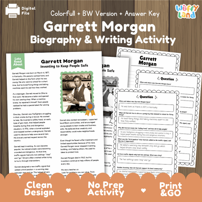 Digital printable activity sheet set for a Garrett Morgan Biography & Writing Activity, shown on a wood background with the title text above and sample worksheet pages overlapping in front. The sheets are mostly white with black text and small colorful accents, and the image includes branding for Digital File and Uffy Land.