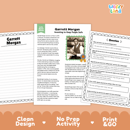 Garrett Morgan Biography Reading Passage and Writing Activity Worksheets