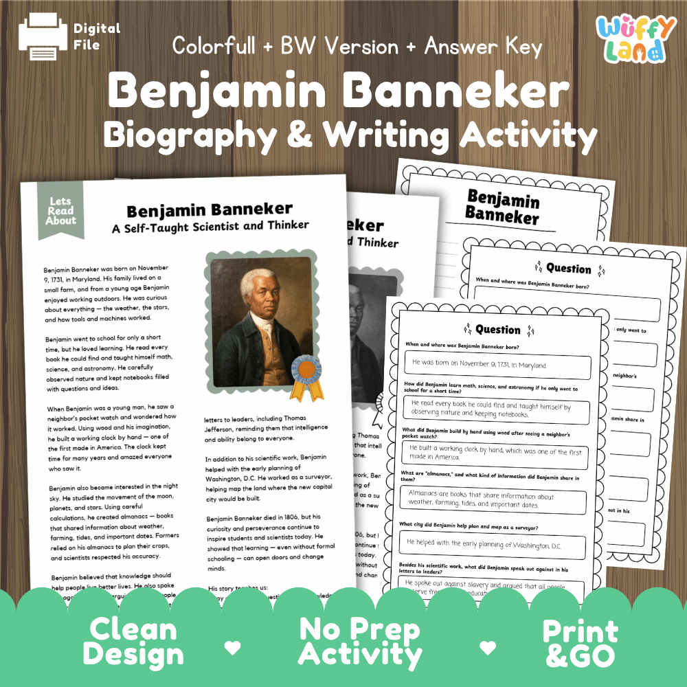 Benjamin Banneker Biography Reading Passage and Writing Activity Worksheets