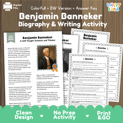 Benjamin Banneker Biography Reading Passage and Writing Activity Worksheets