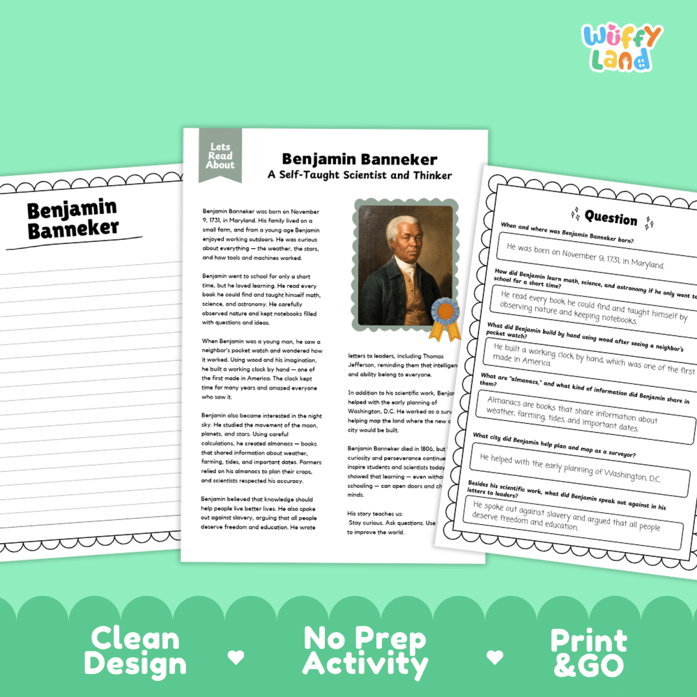 Educational worksheet bundle for 'Benjamin Banneker' featuring a main text page with a portrait, a 'Let's Read About' header, and two printable activity sheets on a mint green background with 'Wiffy Land' branding.