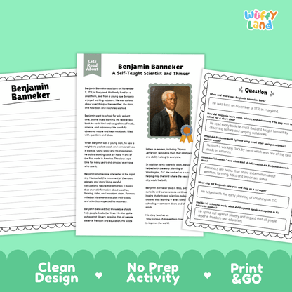 Educational worksheet bundle for 'Benjamin Banneker' featuring a main text page with a portrait, a 'Let's Read About' header, and two printable activity sheets on a mint green background with 'Wiffy Land' branding.