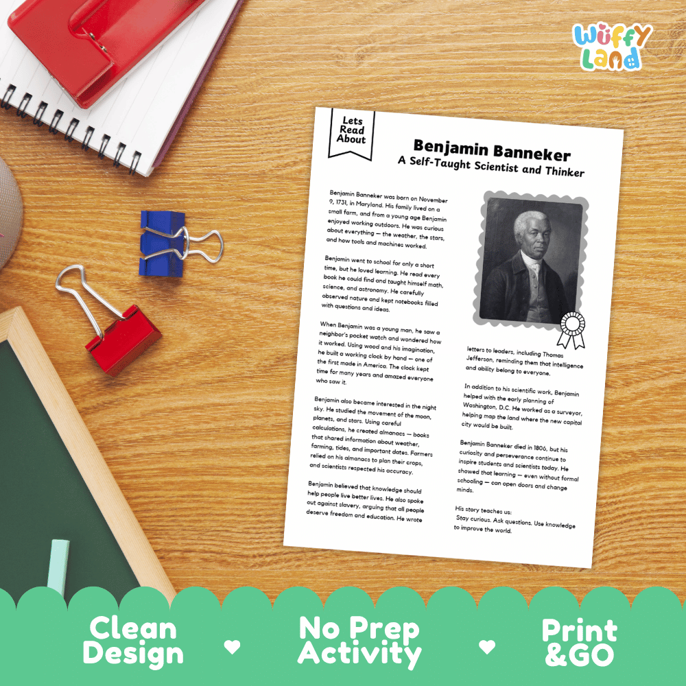 Benjamin Banneker Biography Reading Passage and Writing Activity Worksheets