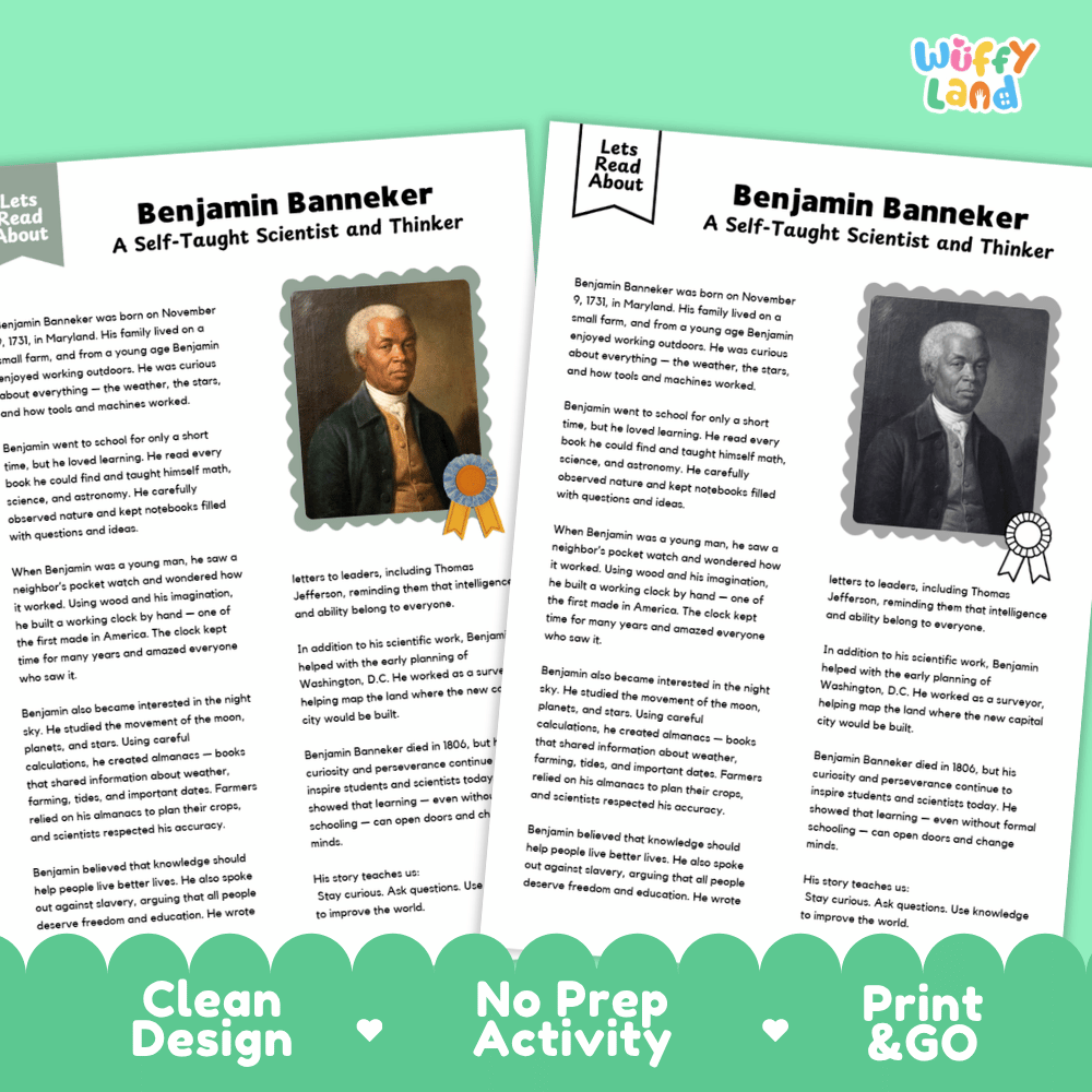 Benjamin Banneker Biography Reading Passage and Writing Activity Worksheets