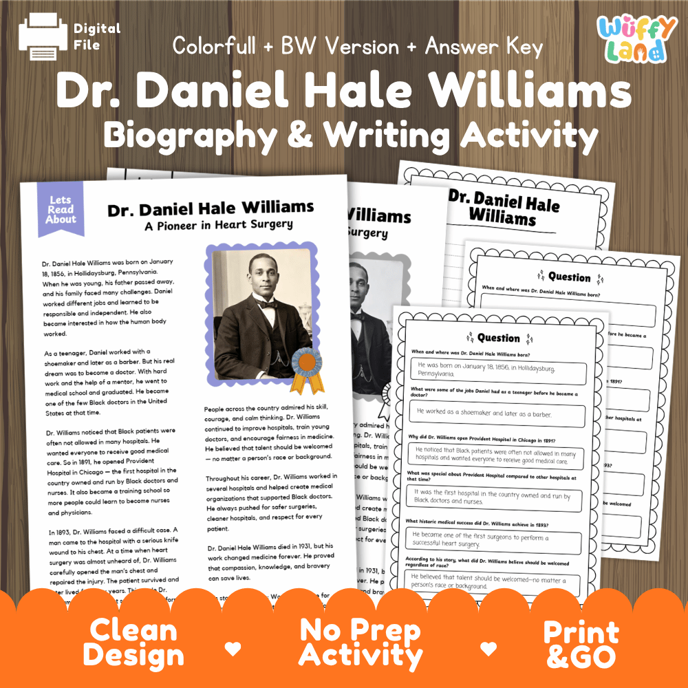 Dr. Daniel Hale Williams Biography Reading Passage and Writing Activity Worksheets
