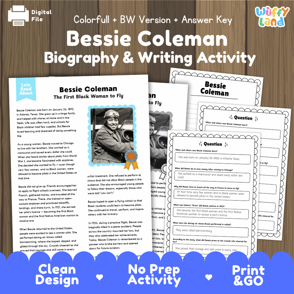 Digital printable activity sheet set for 'Bessie Coleman Biography & Writing Activity' by Uffy Land, shown on a wood background with the title text, a sample worksheet page, and several printable pages. Blue banners at the bottom say 'Clean Design', 'No Prep Activity', and 'Print & GO'.