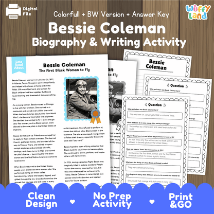 Digital printable activity sheet set for 'Bessie Coleman Biography & Writing Activity' by Uffy Land, shown on a wood background with the title text, a sample worksheet page, and several printable pages. Blue banners at the bottom say 'Clean Design', 'No Prep Activity', and 'Print & GO'.