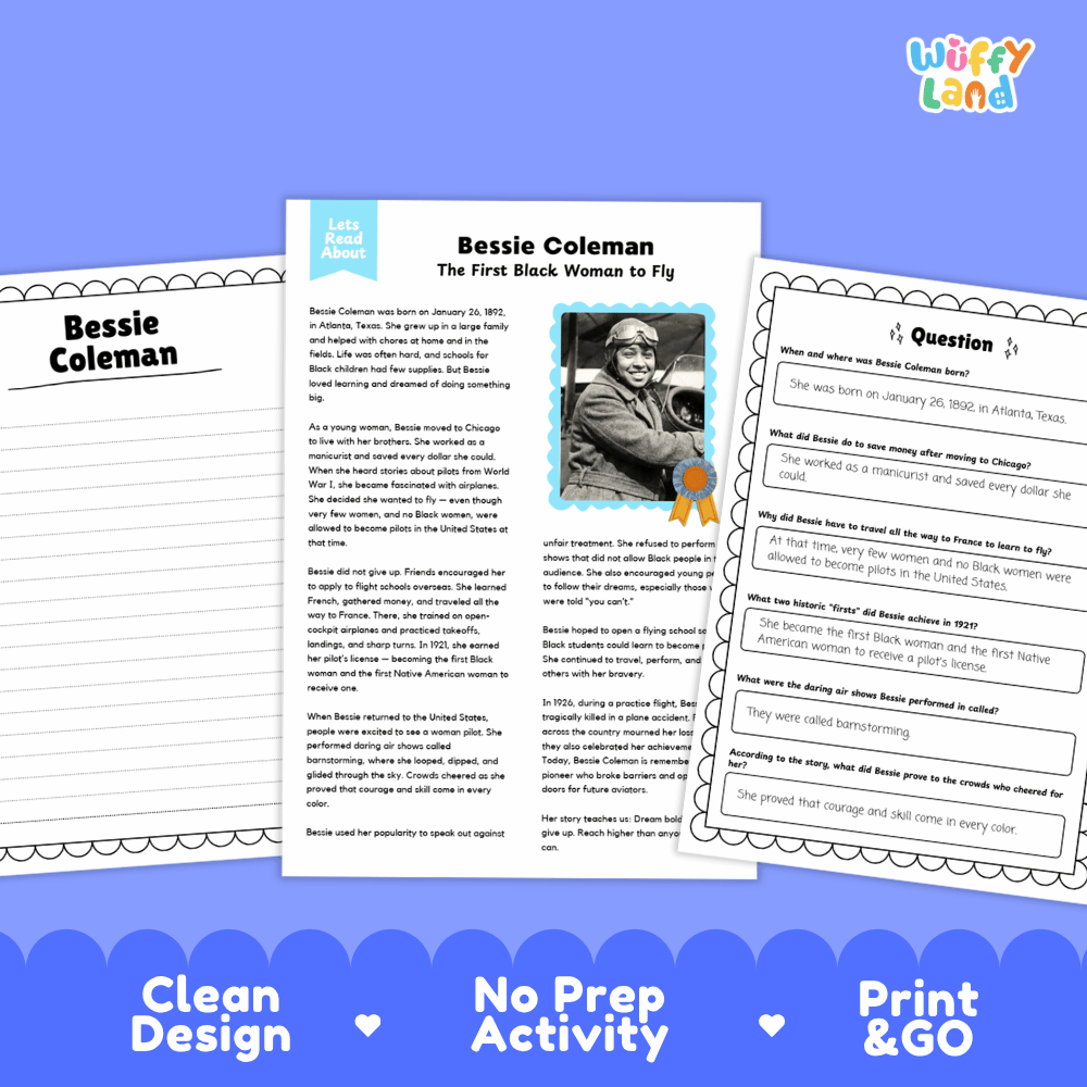 Bessie Coleman Biography Reading Passage and Writing Activity Worksheets