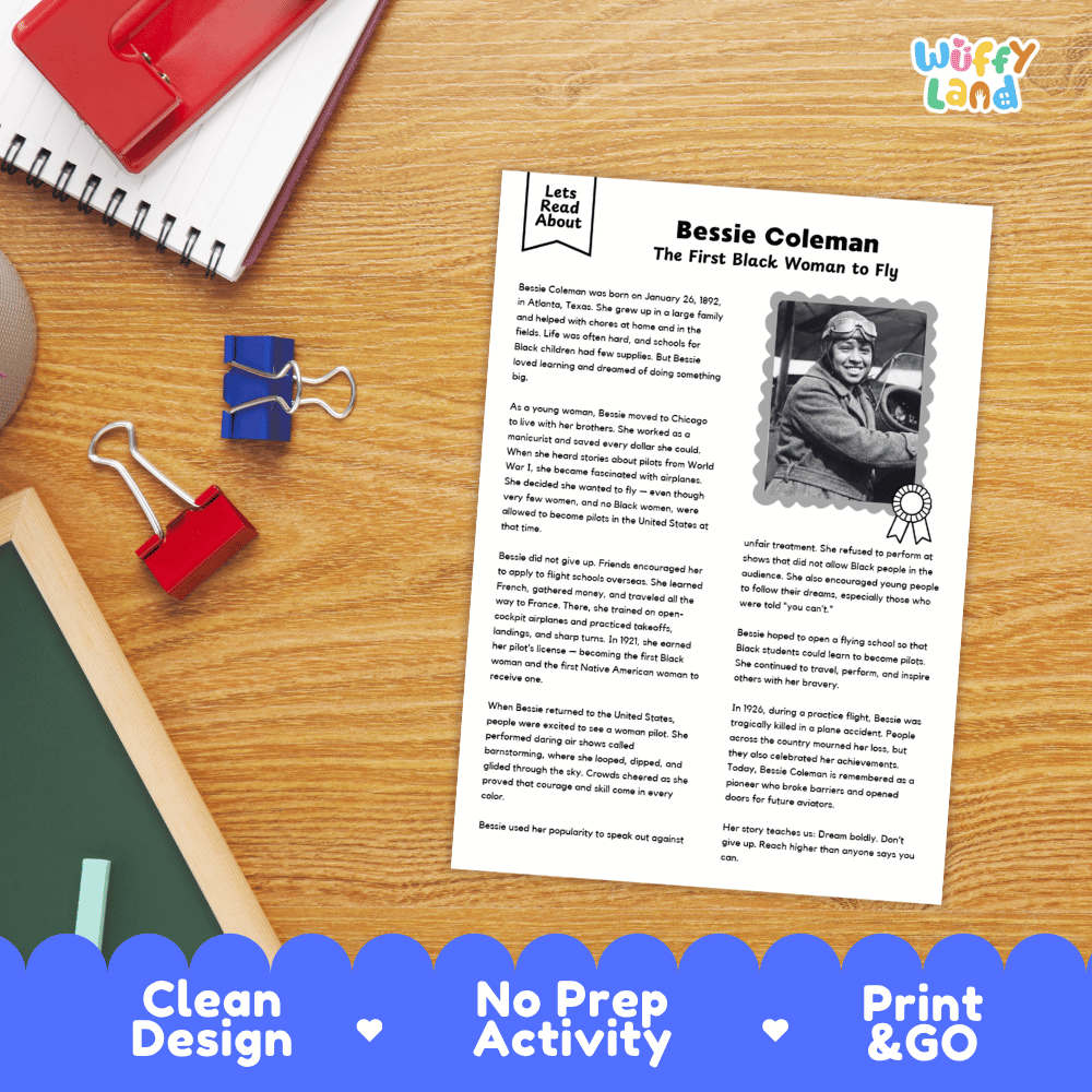 A printed educational worksheet about Bessie Coleman titled 'Bessie Coleman The First Black Woman to Fly' shown on a wooden desk with notebooks, clips, and pens around it. The sheet includes a black-and-white portrait photo and text blocks.