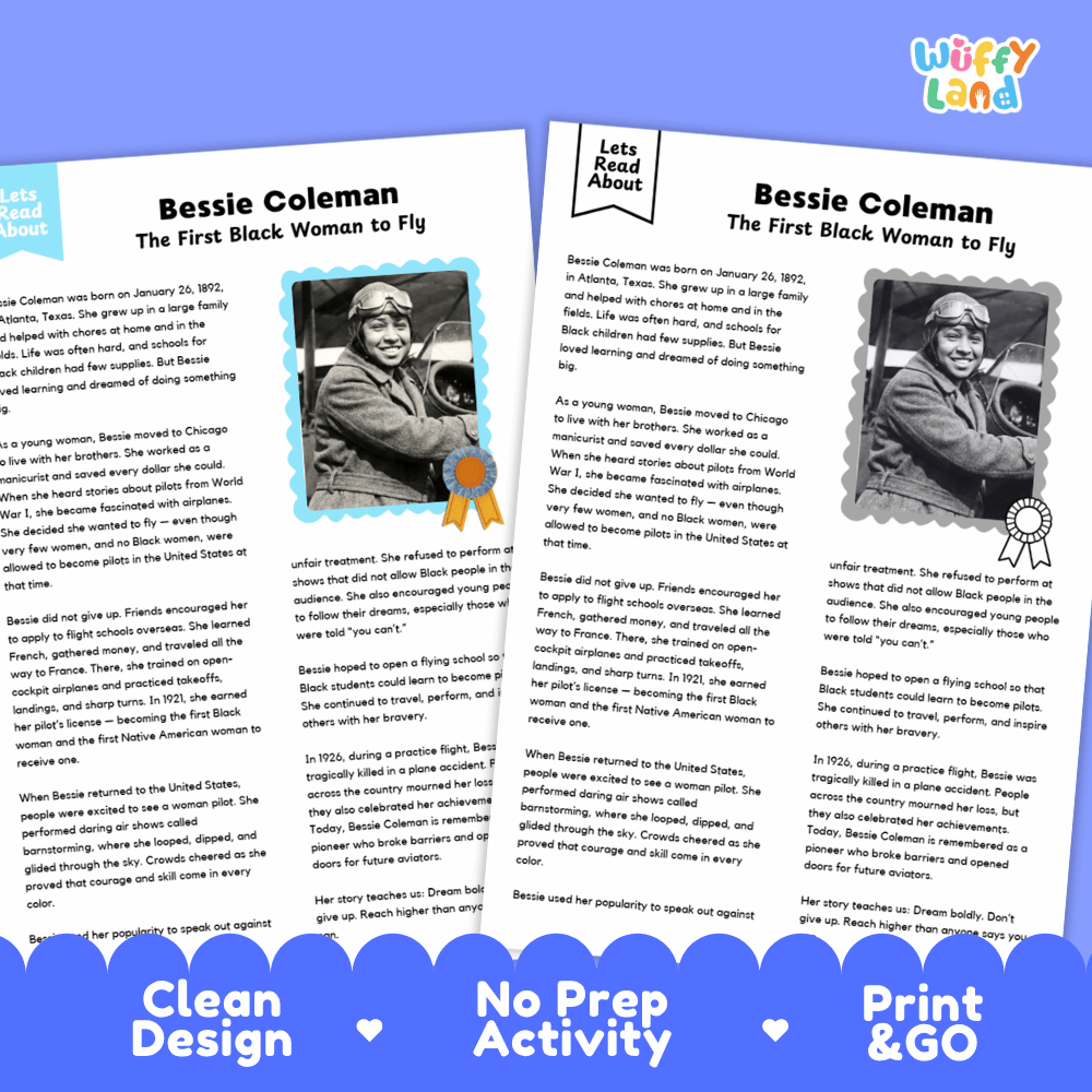 Two educational reading activity sheets about Bessie Coleman, displayed side-by-side on a white background with a blue banner at the bottom reading 'Clean Design No Prep Activity Print & GO' and the 'wuffly land' brand logo in the top right corner.